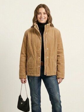 Vintage Corduroy Sherpa Lined Jacket Tan Camel M Cabincore Utility Bella Swan